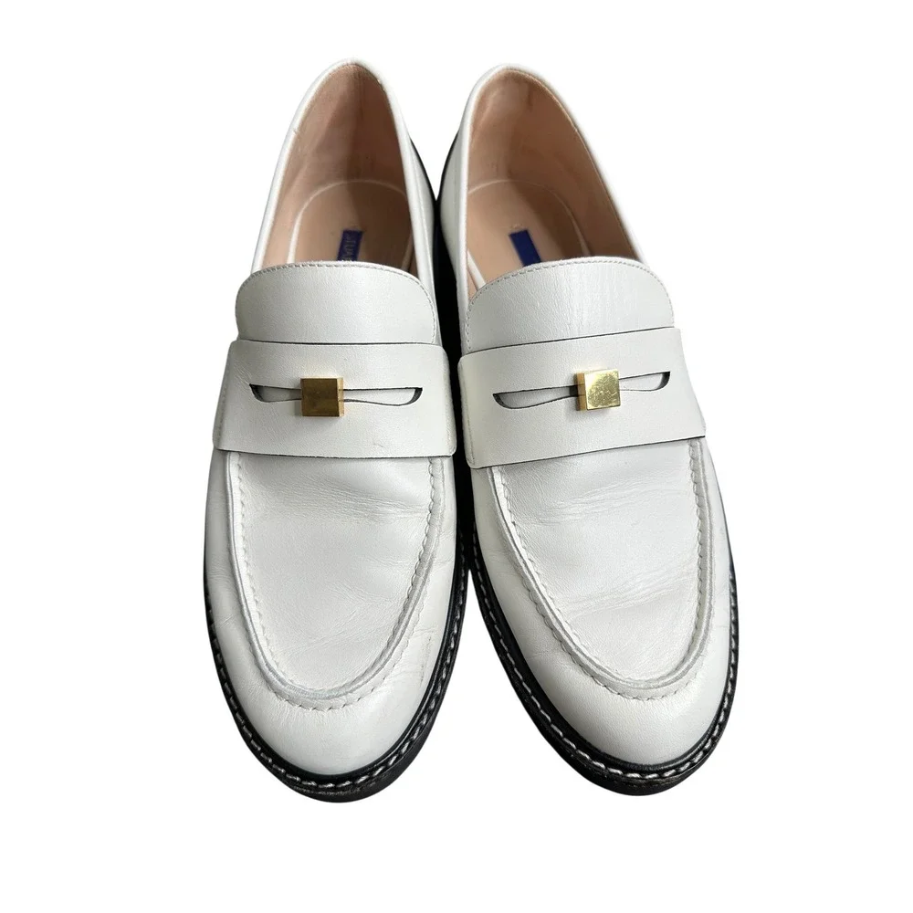 STUART WEITZMAN White Leather Gold Accent Loafers Women's Size 7.5 Made in Spain